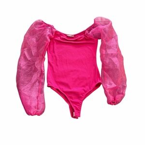 Altar’d State‎ Fuchsia Bodysuit Small – Sheer Puff Sleeve Ribbed Top